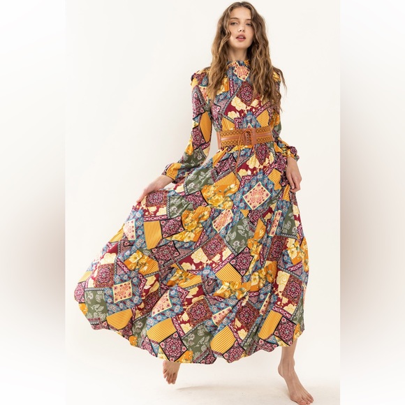37 Boho Border Print Woven Shirring Tiered Maxi Dress - Picture 4 of 6